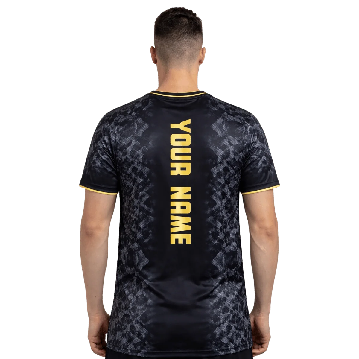 Model wearing fight-style apparel (back)